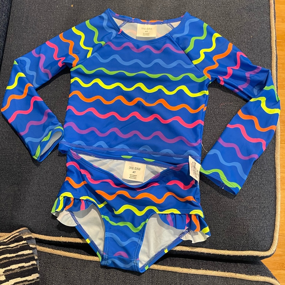 Okie Dokie Blue Wave Pattern Kids Swim Rashguard Set